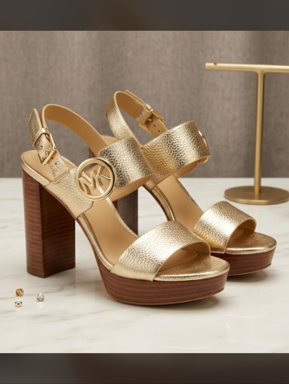 Michael Kors Metallic Iridescent Gold Platform Sandals with Wood Heel Size 5.5M